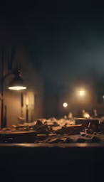 a night scene shows a bunch of rocks and a lamppost