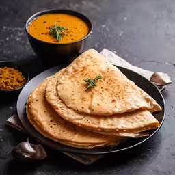a plate of flatbreads topped with sauce and herbs