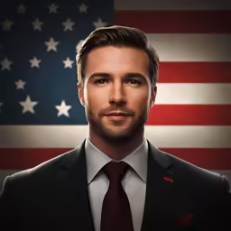 a man in a suit is standing by an american flag