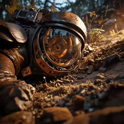 a closeup of a goggles and lens on top of dirt and rocks