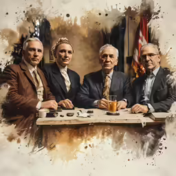 three men sitting at a table with drinks in each hand