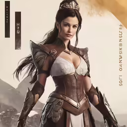 a woman dressed in armor and with an arm guard