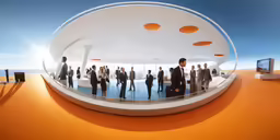 a group of business people standing in a round room