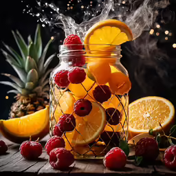 an unusual bottle filled with fruit and smoke