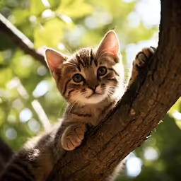 a little kitten in a tree reaching for something