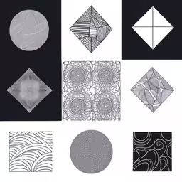 black and white drawing of different designs,an array of black and white designs,six different square and circle drawings with lines,a variety of black and white patterns are depicted in this image,some of the many designs for a project