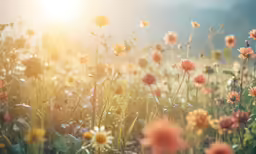 sun shining through daisies in the middle of a field