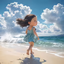 a little girl running along a beach with a sky background