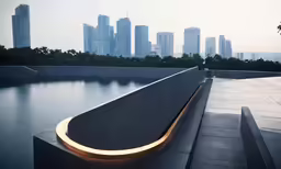 there is a bench sitting on the side by a large body of water