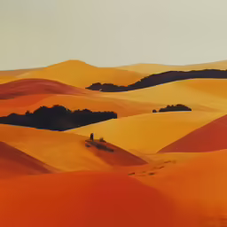 a painting depicting a lone person among dunes