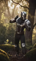 man wearing armor walking through the woods at sunset