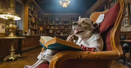 a dog wearing pajamas sits on a chair and reads a book