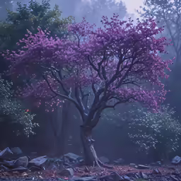 a tree in the fog with a purple tree blooming
