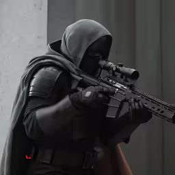 a man in full armor holding a rifle