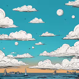 a drawing of a sky with many clouds above it,the sky is filled with clouds and sailboats