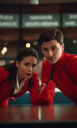 a man and woman are leaning on each other