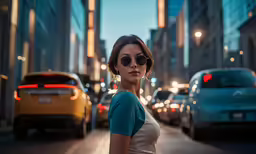 a woman is standing in the middle of traffic