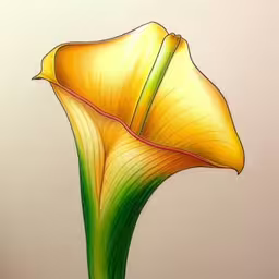 a large yellow flower sits in the middle of the frame,the large yellow flower has a long stem,an image of a painting of a flower,a flower is drawn in bright yellow and green,a yellow flower is in a vase with water on the bottom