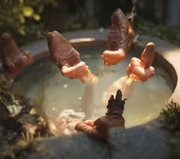 the fingers are throwing the items from a statue to take place