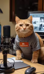 cat with a sweater on sitting at a table in front of a microphone