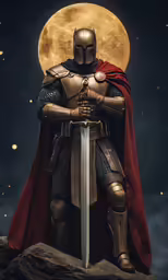 a man dressed as a knight is standing in front of the moon