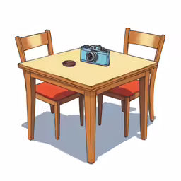 a wooden table with two chairs and an empty camera on top