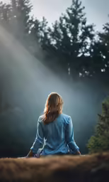 a woman is sitting in the woods at dusk