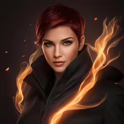 the young woman with red hair and red hair in flames