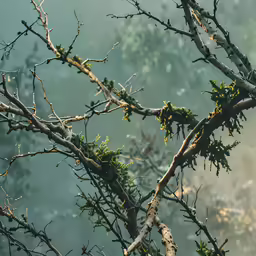 close up of green plants and branches in misty scene