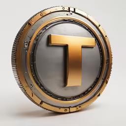 a gold letter t in a circle with gears