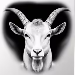 a goat with long horns standing in front of a mirror