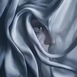 an image of a woman peering out from under satin