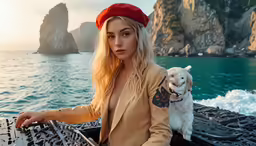a girl wearing a red hat holds her dog while on a boat