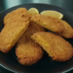 fried fish cut into squares with lemon wedges
