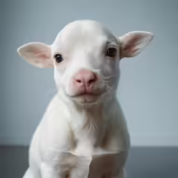 a white baby lamb is staring at the camera