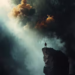 man standing on cliff watching clouds from the top of it