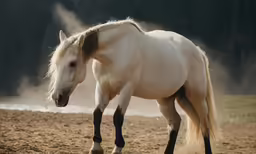 the horse is standing alone on the dirt field