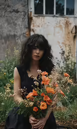 a woman sitting in the grass near flowers