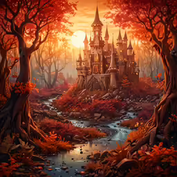 a fantasy castle with red trees and rocks