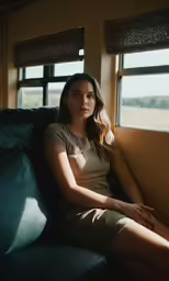 a girl sitting on the couch looks out the window