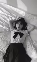 an asian woman lays on a white sheet in bed with a cat