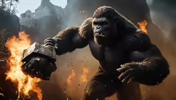 a gorilla with flames in its hands