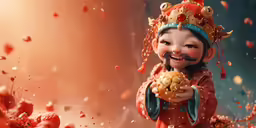 a picture of a happy little asian child holding a donut
