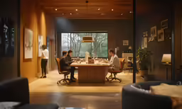three people working at a desk in a modern home