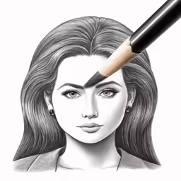 a pencil drawing of a female face with long hair and a pencil