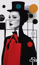 an illustration of a woman in a black dress with a red bag
