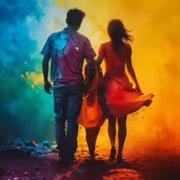 there are two people walking together, one is in color