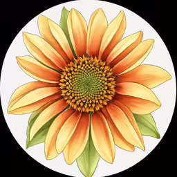 an orange sunflower with green leaves in a white circle