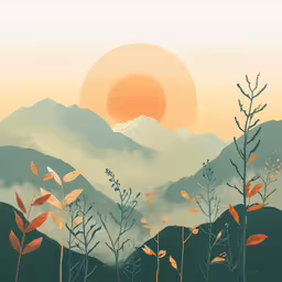 a painting of a sunset and a mountain landscape with trees