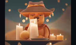 a person sitting at a table with candles and food